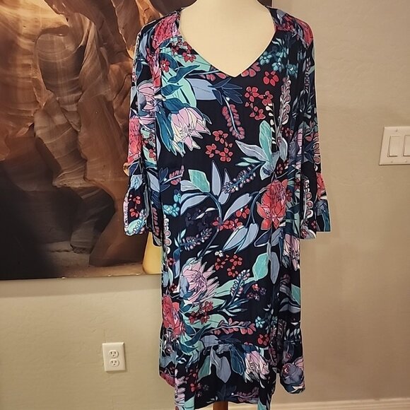 Chicos Floral Dress 4 XXL 20 Bell Sleeve Lightweight Tropical V-neck - Picture 1 of 7
